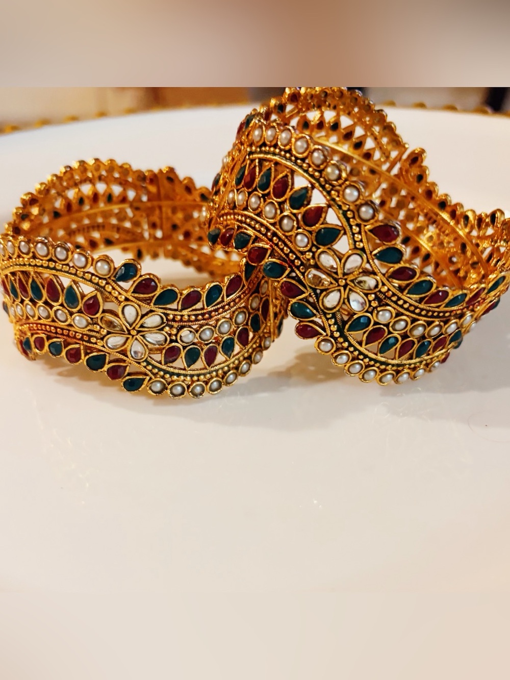 Gold-Plated Vintage Floral Kundan Bangles with Red & Green